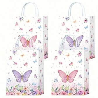 6/12/24/36pcs Butterfly Design Party Gift Bags, Flower & Candy Paper Bags With Handles, Birthday Party Supplies