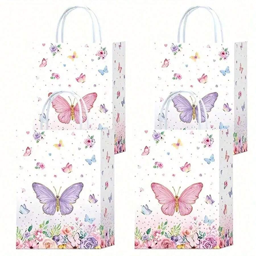 6/12/24/36pcs Butterfly Design Party Gift Bags, Flower & Candy Paper Bags With Handles, Birthday Party Supplies - Multicolor - View 1