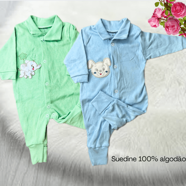 Kit 3 peças macacão bebê menino bordado manga longa virá pé sortido 100% algodão - macacão quentinho bebe menino