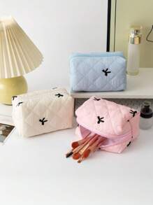 Fresh And Simple Series, New Embroidered Bow Quilted Storage Bag, Cute Ladies Cosmetic Bag, Used For Cosmetics, Headphones, Data Cables, Change, Stationery Storage, Suitable For Students And College Students Cosmetics Items Storage Belongings, Travel Shopping And Business Trips, The First Choice For Holiday Gifts