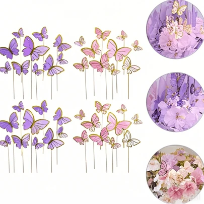 Decoración de pastel de 10 piezas/20 piezas de mariposas de tamaños mixtos, decoración de magdalenas de papel 3D rosa y morado, suministros para fiestas de cumpleaños y bodas, suministros de artesanía, decoración de pared, sin necesidad de energía