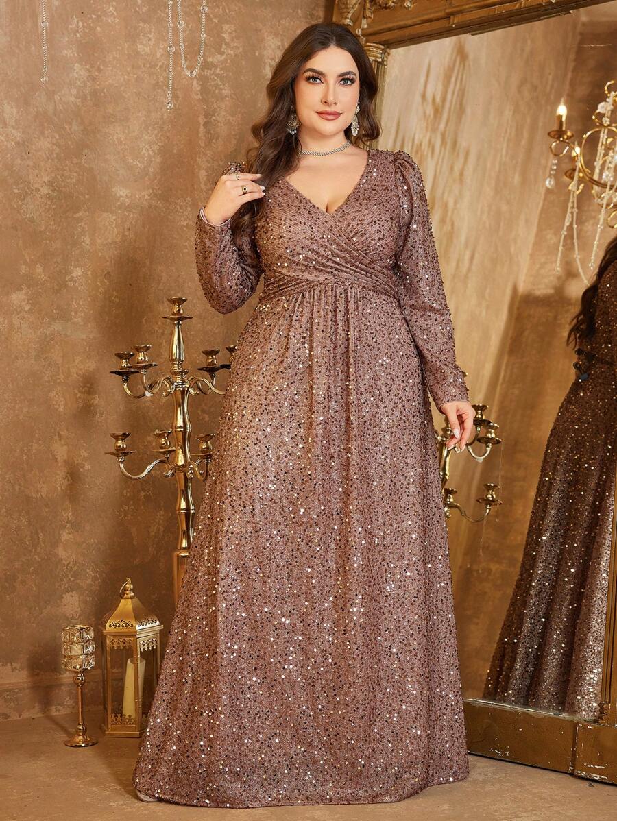 UNITHORSE Plus Size V-Neck Solid Long Sleeve Wrap Sequin A-Line Elegant Evening Party Dress, Wedding Guest Dress, Formal Dress,Gown, Fall Women Clothes - 咖啡棕 - 查看 1