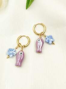 1 对可爱手绘陶瓷鱼和花装饰不锈钢环状耳环，女士日常、度假、约会礼物 - 小魚耳圈 - 查看 8