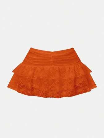 女士蕾丝荷叶边松紧腰 A 字形蛋糕裙，适合派对、休闲装，橙色