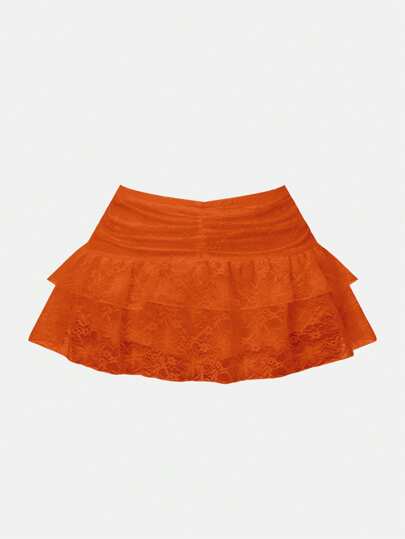 Women's Lace Ruffle Elastic Waist A-Line Cake Skirt For Party, Casual Wear, Orange