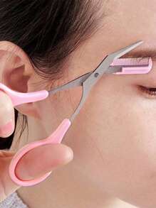 2pcs Eyebrow Trimmer Scissor With Comb, Auxiliary Eyebrow Comb Scissors, For Women And Men, Perfect Eyebrow Trimming Tool For Better Length Control, Trimming Eyebrows, Home Beauty Gadgets, Scissors With Mini Comb Hair Removal, Face Hair Removal, Lady, Men, Hair Removal Grooming Shaping, Stainless Steel Eyebrow Remover Makeup Tool, Eyebrow Trimmer, With Precision Cover, Women Eyebrow Shaping Tools Suitable For Or Travel Use. - Pink - View 7