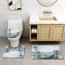 1/3pcs Nautical Coast Bathroom Set, Ocean Beach Lighthouse Shower Curtain Set With 12 Hooks, Non-Slip Carpet, Toilet U-Shaped Mat, Toilet Lid Cover Mat, Bathroom Accessories Home Bathroom Decor - 3pcs - View 4