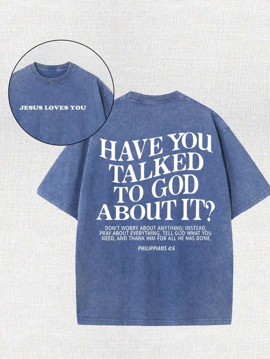 Have You Ever Talked To God About This Problem? God, Religious Belief, Christianity, 230G Cotton High-Quality Double-Sided Printed T-Shirt, Round Neck And Short Sleeves, Outdoor Sports, Street Leisure, Handsome Fashion. - 寶藍色 - 查看 1