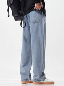 男士抽绳松紧腰水洗休闲宽松直筒牛仔裤 - 淺藍色 - 查看 7