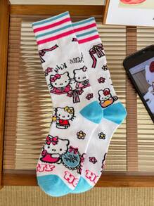 Sanrio Hello Kitty、MyMelody、Kuromi 1 双男女/情侣中长袜，个性化、搞笑、快乐、丰富多彩、创意动漫卡通设计，节日礼物，舒适透气，提升家庭日氛围，时尚新潮，男女皆宜，搞笑袜子，疯狂，动漫，多色袜子，秋季