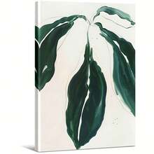 Feuilles vertes avec de fines lignes noires sur fond blanc. Grande peinture murale encadrée en bois, décoration d'intérieur, peinture à l'huile - Chambre, salle de bain, salon, bureau, cuisine, cadeaux de Noël - 1 pièce