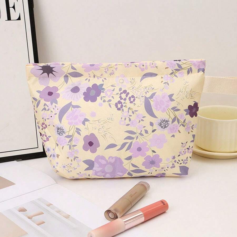 1pc Yellow Bottom Purple Flower Niche High-Grade Cosmetic Bag Portable Skincare Storage Bag Going Out Toiletry Bag Travel Essentials Holiday Essentials