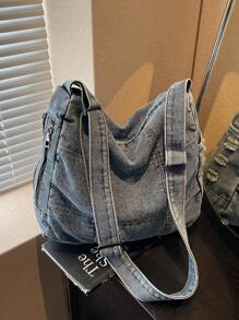 2025 春夏复古时尚休闲洗水牛仔斜挎包，带缝线的百搭单肩包，缝线帆布包，学院风，大容量，可折叠街头风单肩包 - 藍色 - 查看 1