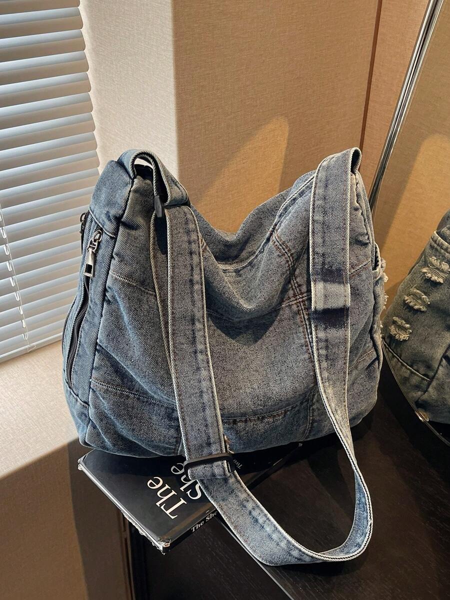 2025 春夏复古时尚休闲洗水牛仔斜挎包，带缝线的百搭单肩包，缝线帆布包，学院风，大容量，可折叠街头风单肩包 - 藍色 - 查看 1