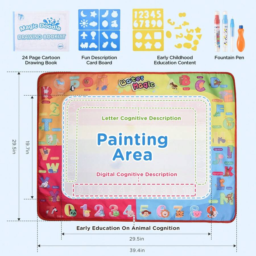100*75cm Water Doodle Magic Mat – Reusable Aqua Drawing | Includes 3 Magic Pens & Number Set - Multicolor - View 1