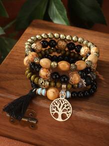4pcs/Set Boho Multilayer Wooden & Glass Beaded Bracelets With Tassel, Life Tree & Butterfly Pendants, Suitable For Everyday Wear
