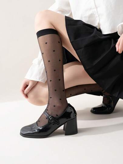 1/3 đôi tất siêu mỏng dành cho nữ, tất bắp chân họa tiết hình trái tim dành cho nữ, tất ống dài, tất cao đến đầu gối, Y2k, ấm áp