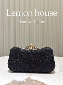 1 pieza de bolso de noche elegante de lujo con pedrería y brillo azul marino, bolso de mano de moda con cierre de pedrería, adecuado para banquetes, fiestas, bodas, galas, regalo ideal para - Negro - Ver 3