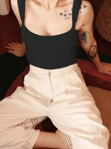 Womens Square Neck Tank Tops Fashion Sleeveless Solid Color Knit Tops Slim Fit Shirts - Black - View 3