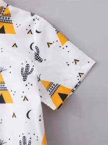 2pcs Boys Toddler Casual Cartoon Excavator Print White Short Sleeve Top And Yellow Shorts Set, Suitable For Outing, Holiday, Party, Home Wear In Summer