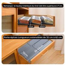 6 pièces organisateur de tiroir d'étagère à épices extensible en acrylique pour placard de cuisine, système d'organisation de tiroirs de 33 cm à 62 cm pour cuisine, placard