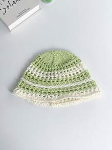 1pc Women's Round Top Hollow Out Straw Hat, Contrast Striped Fisherman Bucket Hat, Breathable Big Head Size, Facial Slimming, Spring/Summer - Straw Bucket Hat - View 13