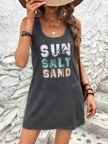 KCBKID Nouvelle robe d'été pour femme, col rond, sans manches, imprimé de lettres, décontractée. Mode polyvalente