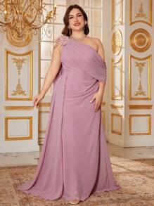 SUPGIR 加大码不对称袖子褶饰腰部飘逸下摆鸡尾酒会礼服、婚礼宾客礼服、正式礼服、晚礼服、长袍 - 粉色 - 查看 3