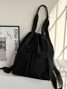 Water-Resistant Large Capacity Drawstring Backpack Tote Bag, Minimalist Fashion Outdoor Shoulder Bag - Black - View 4