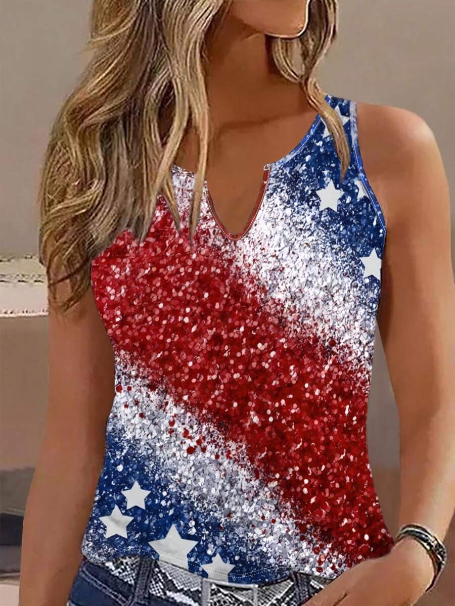 Áo tank top không tay cổ chữ V in hình cờ Mỹ và ngôi sao, phong cách thường ngày cho nữ, thích hợp mặc mùa hè. - Nhiều màu - Xem 1
