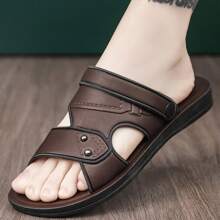 Men's Fashionable Hollow PU Open Toe Slip-On Sandals, Non-Slip Outdoor Beach Shoes, Breathable And Comfortable Business Casual Slides - Brown - View 9