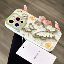 Beautiful Floral Oil Painting Green Yellow Butterfly Design Phone Case, Compatible With IPhone 16/15/15Pro/15ProMax/14/13/12/11/XsMAX Series, Gorgeous Gift For Friends/Girlfriends Waterproof Shockproof Anti-Fall Scratch Resistant - White Oil Painting Green Butterfly Yellow Flower - View 5