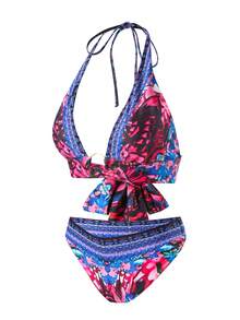 Conjunto de bikini con estampado floral y escote de halter para mujeres, estilo europeo y americano 2025 - Azul - Ver 3