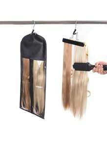 1 Bolsa de almacenamiento para peluca, percha para el cabello con cubierta antipolvo, clip para cabello de peluca con cremallera, bolsa de almacenamiento para peluca, clip colgante para peluca de tela no tejida (sin incluir pelucas) - Negro