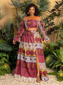 Faeriesty 加露肩长袖短款上衣和长裙休闲印花两件套度假造型和花卉印花休闲夏装和春装