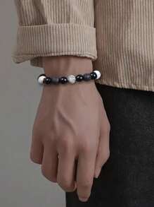 1pc New Matte Black Glass Beads Cube Weaving Bracelet, Men's High-End Retro Personalized Adjustable Rope Bracelet Gift Jewelry