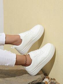 New Fashion White Sneakers, Girl 2025 Spring Style White Thick Sole Student Versatile Skate Shoes, Teenagers Sports Casual Shoes - White - View 2
