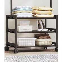 Metal Clothes Rack With Shoe Rack For Hanging Clothes With Storage Shelf, 3 Tiers Floor Coat Rack With Wheels Clothes Organizer Shelf Shoe Rack Floor Coat Rack, Clothes Hanging Rack, Clothes Organizer With Wheel For Hanging Clothes For Balcony, Bathroom, Bedroom And Laundry Room - 黑色 - 查看 4