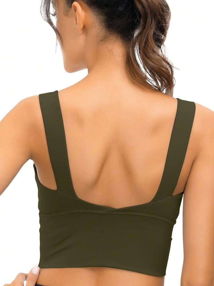 全覆盖加垫运动胸罩，配有宽肩带和 V 领工字背设计，适合瑜伽、健身房、锻炼、跑步 - 橄欖綠 - 查看 3