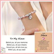 1pc Adjustable Unicorn Shaped Pendant Pink Beads Bracelet With Blessing Card, Jewelry Accessory - Pink - View 2