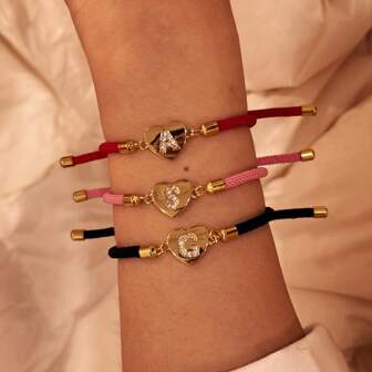 2025 新款密镶锆石心形 A-Z 首字母手链女士彩色可调节绳饰手链女士珠宝礼物