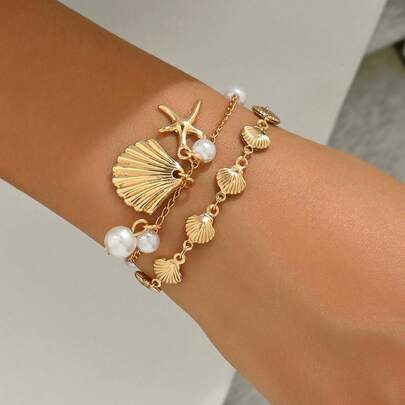 Bộ 2 chiếc/bộ vỏ hợp kim kim loại phong cách kỳ nghỉ trên bãi biển, mặt dây chuyền hình sao biển & ngọc trai giả, trang sức thủ công đa năng phù hợp cho trang phục hàng ngày, đi biển, hẹn hò, tiệc tùng & lễ hội âm nhạc của phụ nữ. Chiều dài chuỗi thủ công có thể tùy chỉnh.