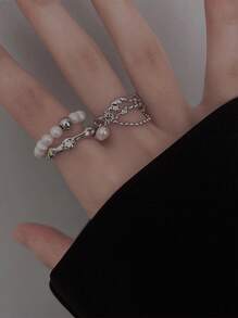 2 Chiếc Nhẫn Mở Bất Đối Xứng Chuỗi Ngọc Trai Giả Thời Trang, Đơn Giản Tối Giản Phong Cách Cổ Điển Có Thể Điều Chỉnh Dành Cho Nữ, Thích Hợp Để Đeo Hàng Ngày - Bạc - Xem 2