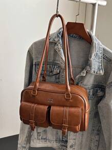 Classic Clown Solid Color PU Waterproof Fabric, Letter Graphic Decor Design, Multi-Pocket Shell Bag, Shoulder Bag, Underarm Bag, Pendant Decor Design, Suitable For Travel, Shopping, Commuting, Party, Date And New Year Wear - Brown - View 8