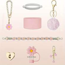 8 pièces Set d'accessoires de tasse pour Tumbler 40oz & 30oz, Tumbler avec sangle de poignée - Comprenant couvercle de paille, sangle de bouteille d'eau, crochet en forme de cœur, manchon en silicone, porte-clés, cadeau idéal pour la Saint-Valentin, pour les activités en plein air, le camping, fournitures pour la rentrée scolaire