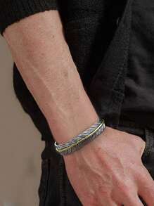 1 件装复古镀银宽羽毛袖口手链男女可调节复古扭曲羽毛手链礼物珠宝
