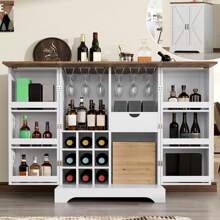 Merluxy 61" Farmhouse Bar Cabinet With 9 Wine Racks, Folding Liquor Storage, Expandable Coffee Bar Station With Drawer, Rustic White Mini Bar For Kitchen & Dining Room