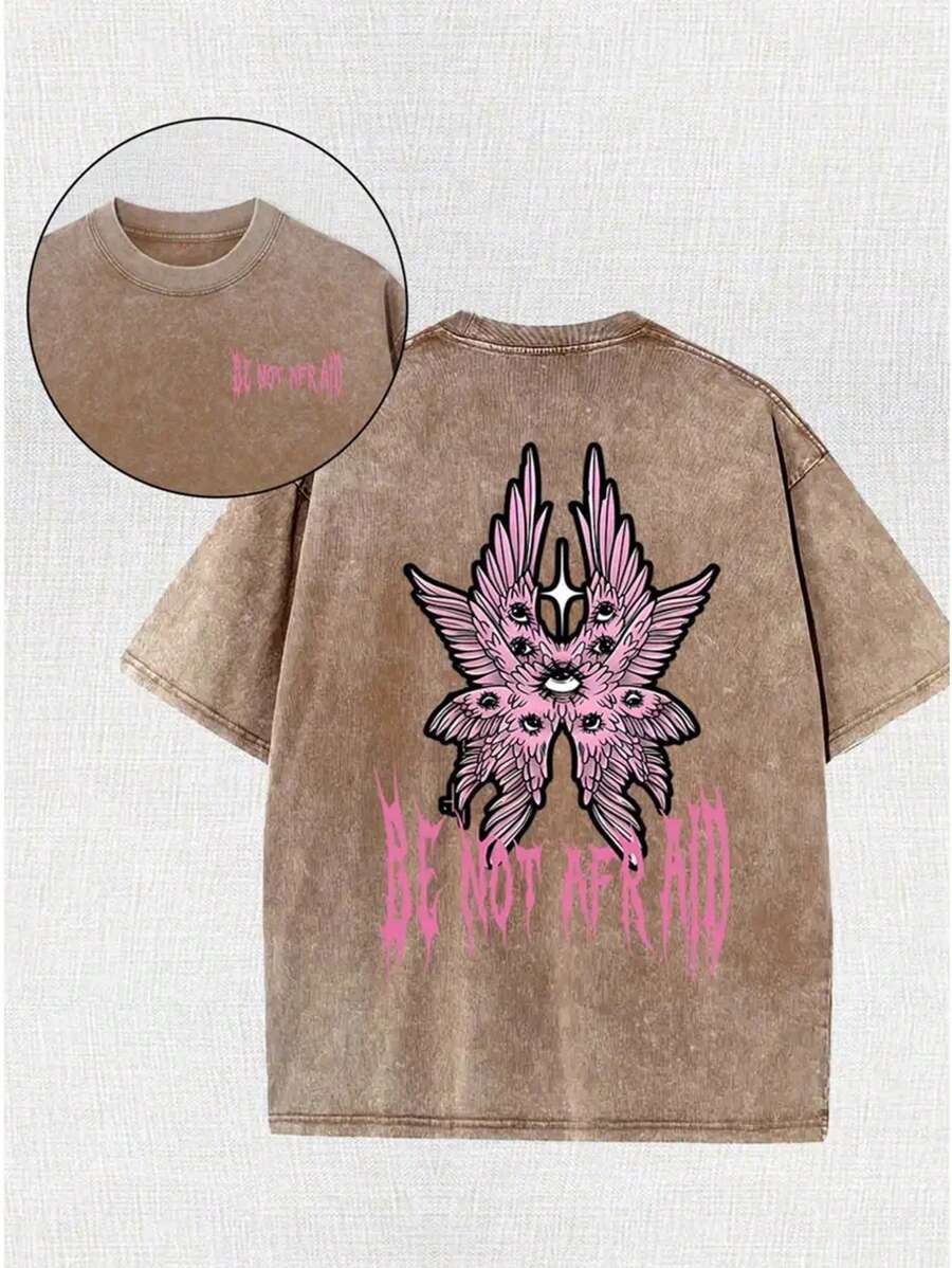 Men's High-Quality 100% Cotton T-Shirt-Unique Double-Sided Batik Printing, With "Eyes, Wings, Novelty, Old-Fashioned And Animal" Design, Round Neck And Short Sleeves-Very Suitable For Outdoor Sports And Street Leisure, Pink. - Màu Khaki - Xem 1