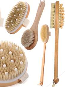 天然猪鬃身体刷，长木柄，防滑，100% 天然猪鬃身体按摩器去角质刷，适用于沐浴和淋浴，干湿两用