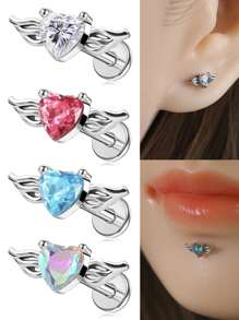 1 Stainless Steel Heart-Shaped Cubic Zirconia And Wing Combination Lip Stud, Lip Ring, Cartilage Earrings, Women's Party, Daily Wear Body Piercing Jewelry, Suitable For Valentine's Day, Women's Day, Mother's Day Gift